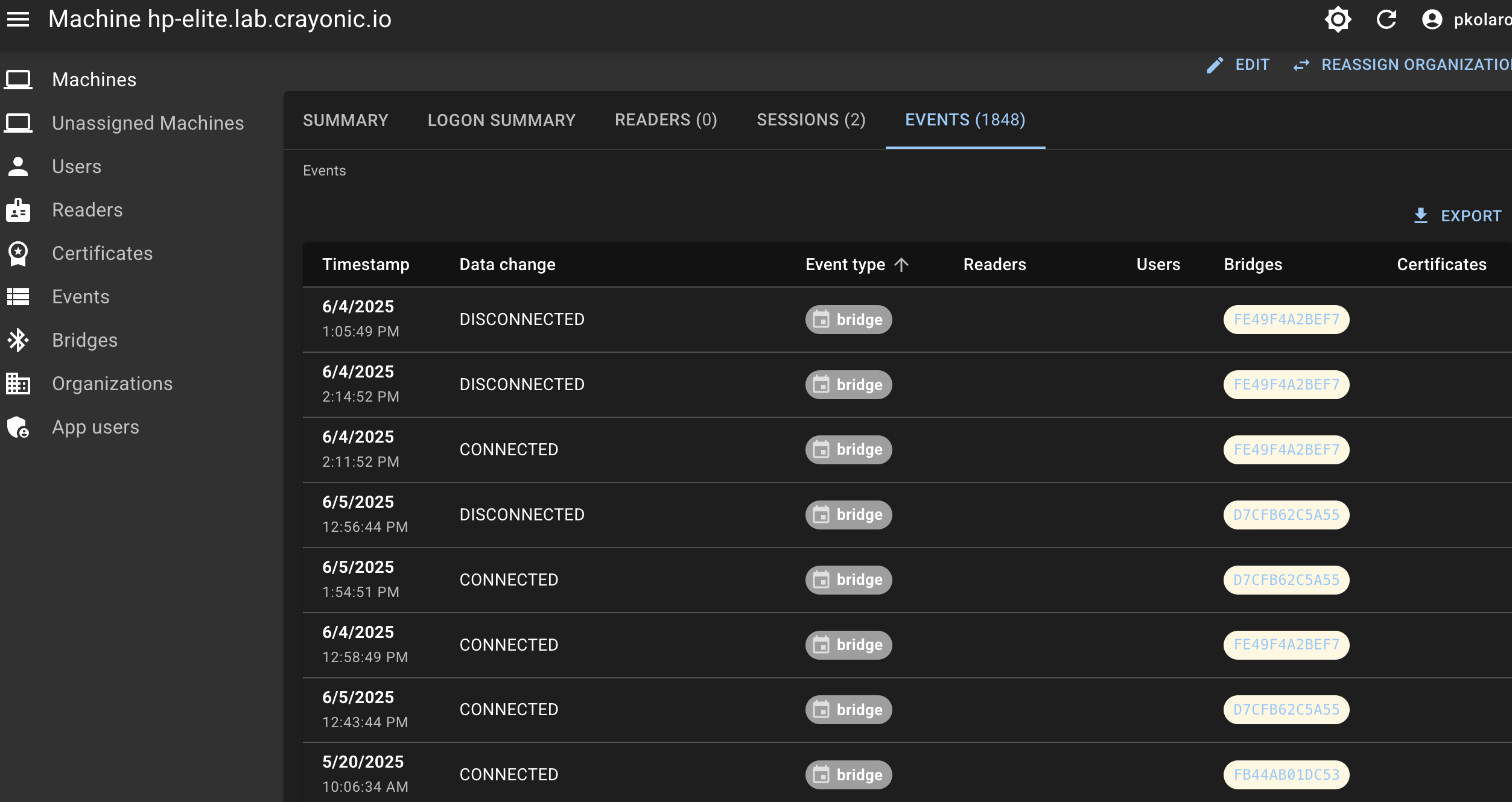 Web Admin view of Crayonic Agent events