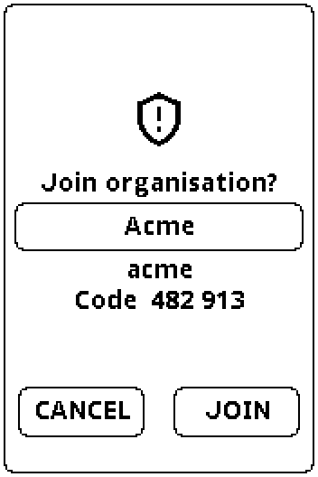 The badge asking "Join organisation?" with Acme, acme, Code 482 913, CANCEL and JOIN