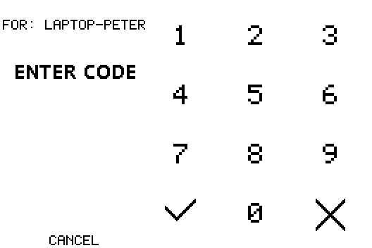The badge keypad, sideways, with "for: LAPTOP-PETER", "ENTER CODE" and CANCEL