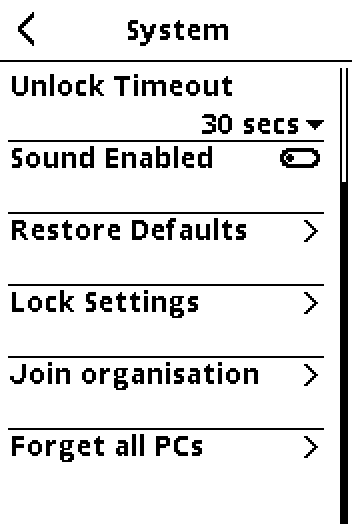Setup, System on an unclaimed badge: Unlock Timeout, Sound Enabled, Restore Defaults, Lock Settings, Join organisation, Forget all PCs