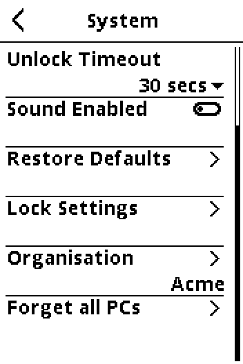 Setup, System on a claimed badge: the row Organisation, Acme, instead of Join organisation
