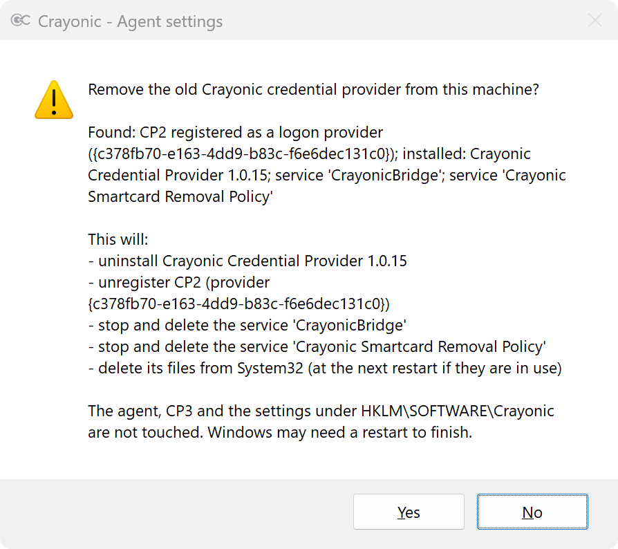 Confirmation dialog listing what will be removed: the MSI, the provider registration, the CrayonicBridge and Smartcard Removal Policy services and the files.