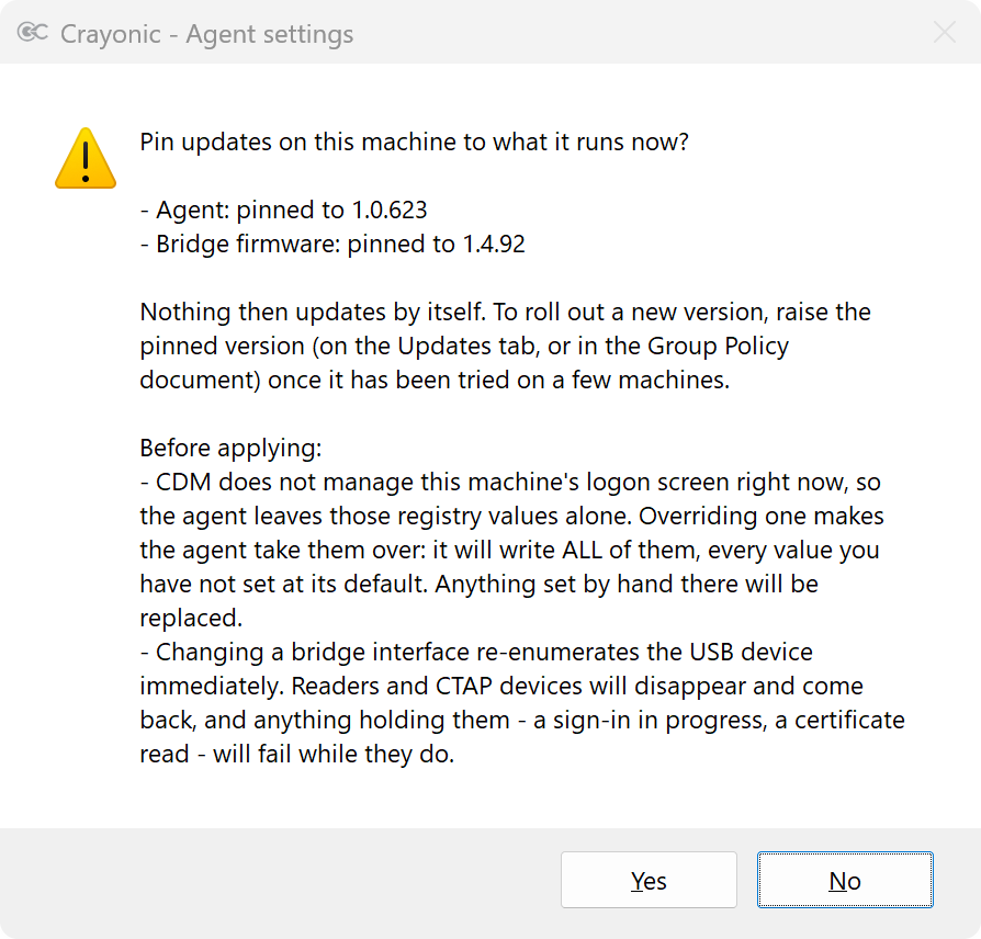 Confirmation dialog: pin the agent and the bridge firmware to the versions installed now.