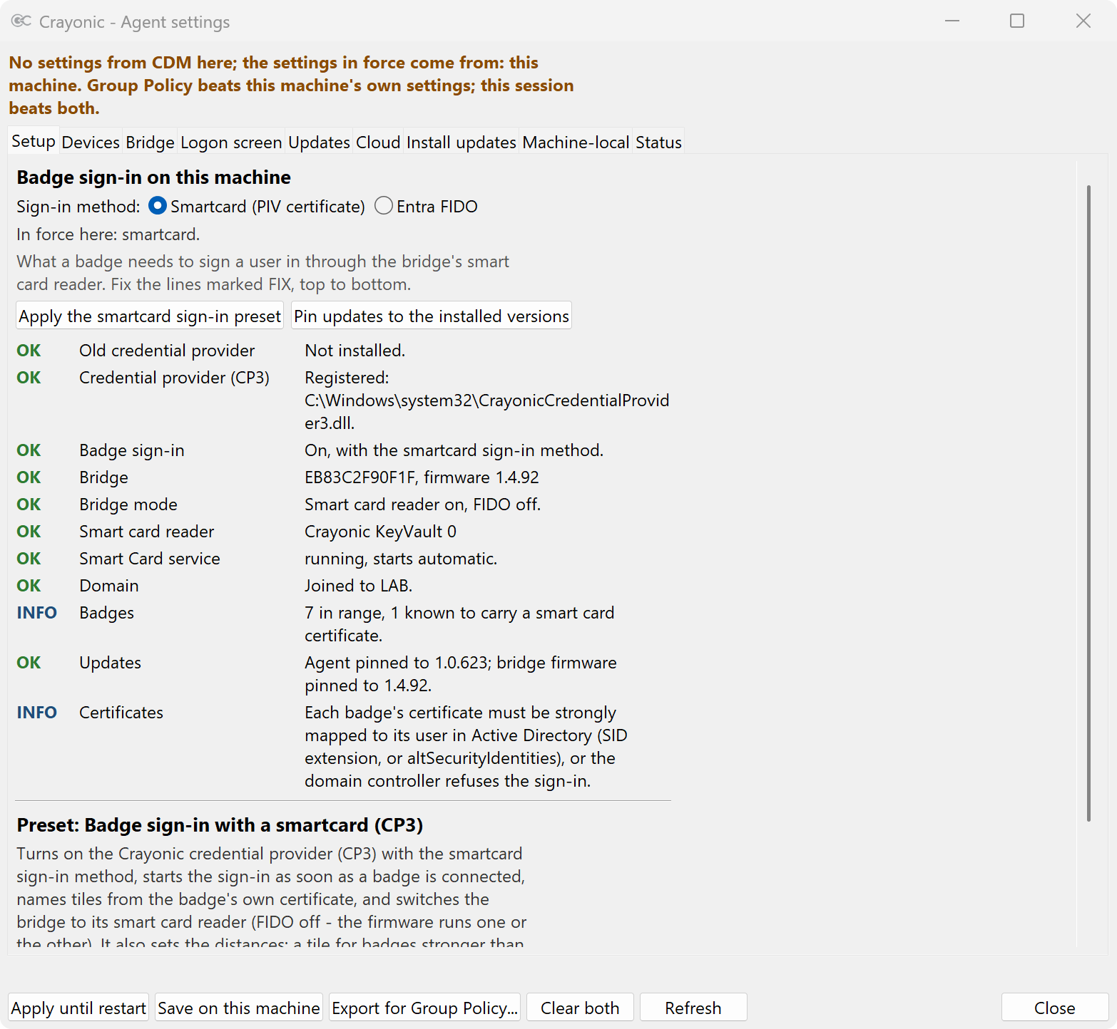 The Setup tab with every line OK after the preset and the pin.