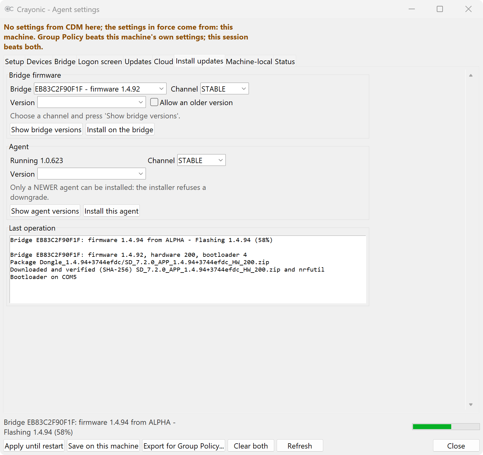 A bridge firmware update in progress with its log and a progress bar.
