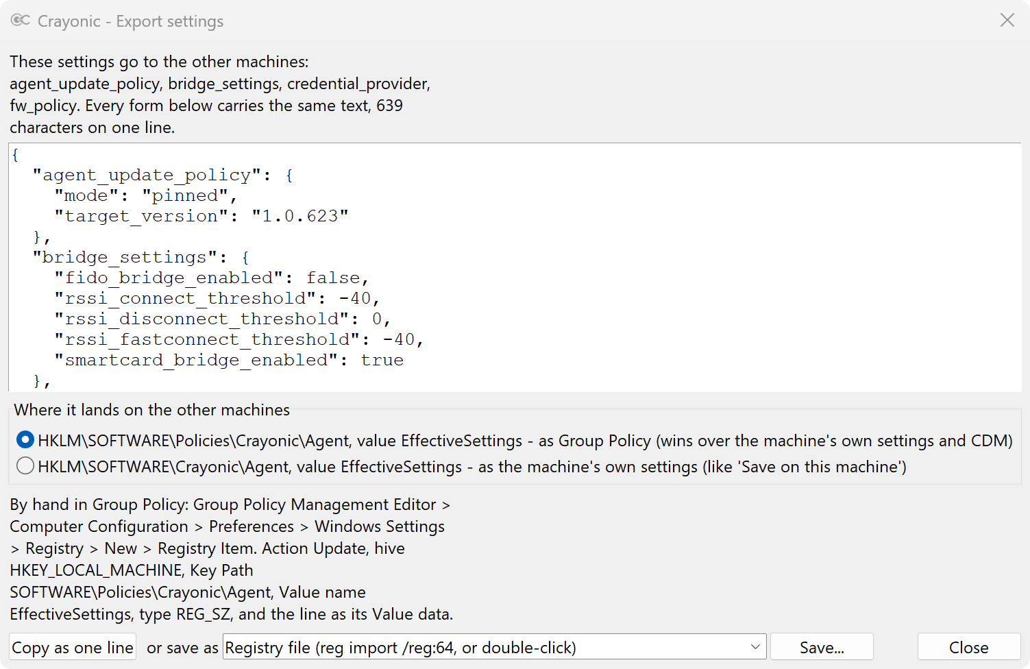 The export dialog: the settings document, a choice between the Group Policy key and the machine's own key, Copy as one line, and a list of file forms to save.