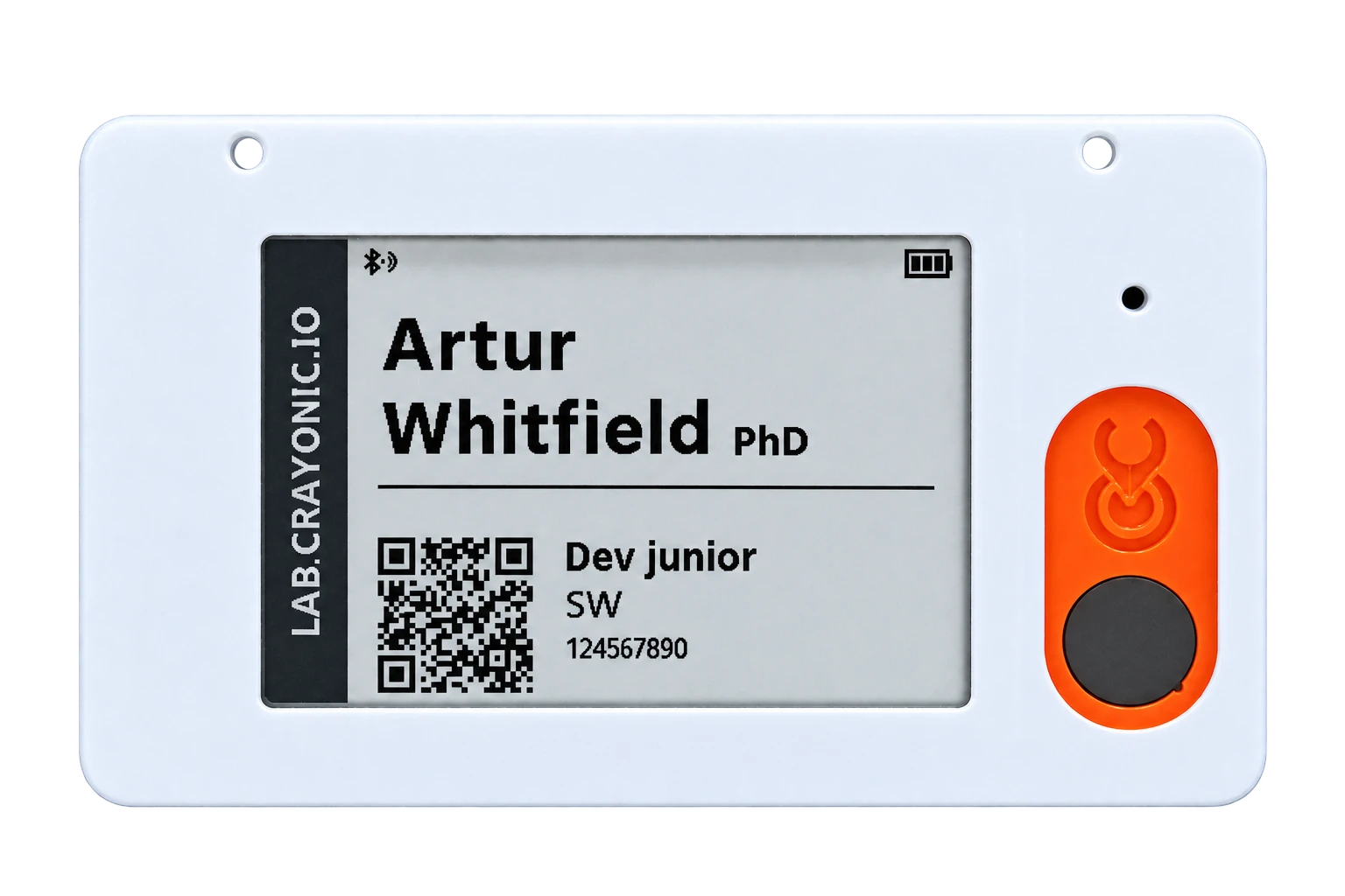 Crayonic Badge — front view with e-paper display, fingerprint sensor and orange action button