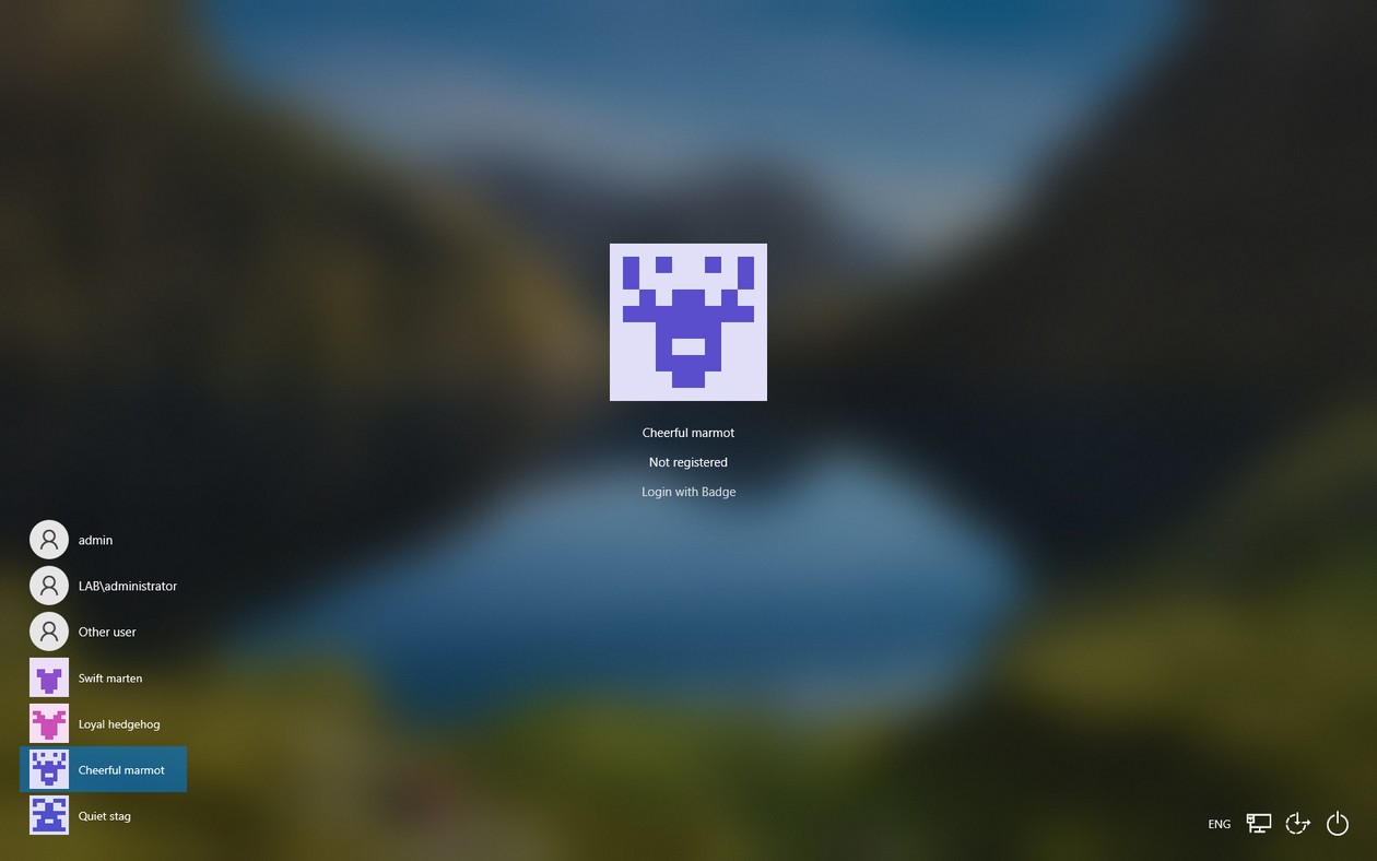 The Windows sign-in screen of a test machine. Bottom left: Windows' own tiles admin, LABdministrator and Other user, then four badge tiles, each with a small creature picture and a two-word name. In the middle, the selected badge tile: its picture, the name Cheerful marmot, the line Not registered and the link Login with Badge.