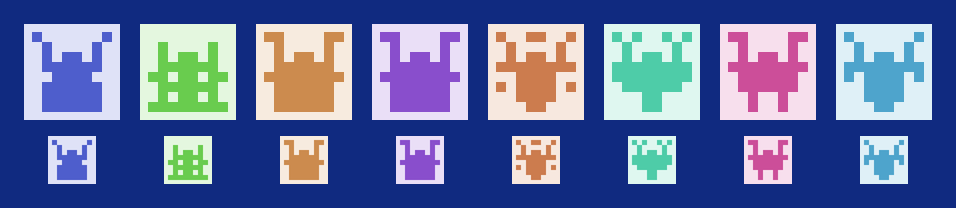Eight different creature pictures in different colours, each shown large and, underneath, at the small size of the tile list.